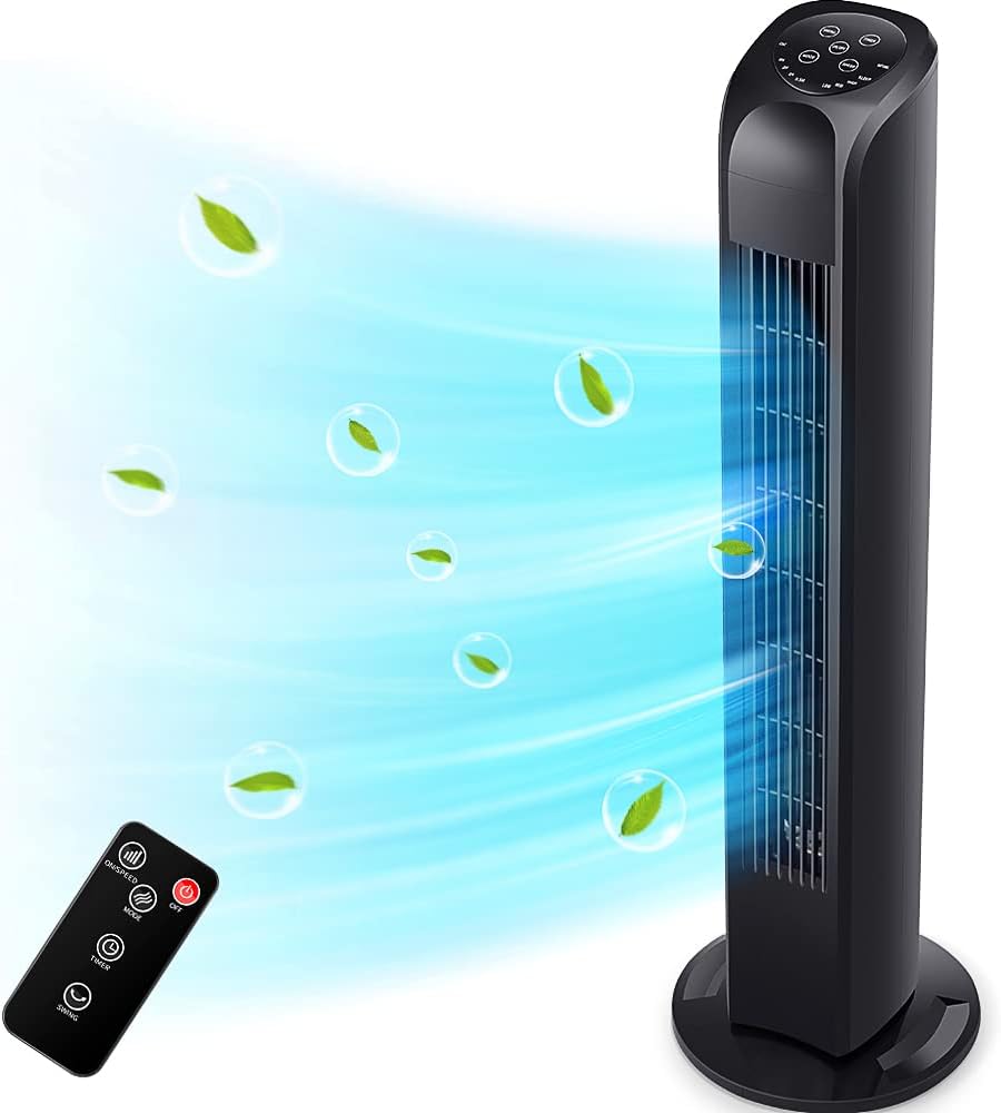 Oscillating Tower Fan with Remote, Electric Standing Floor Fan for Bedroom Indoor Office and Home Use,Quiet Cooling Portable Bladeless Tower Fans, 30 inchs, Black