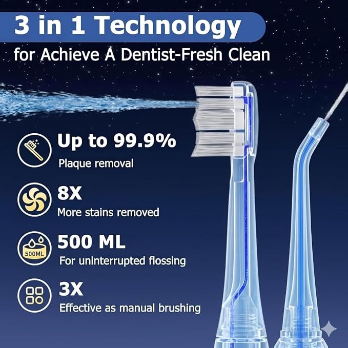 Electric Toothbrush with Water Flosser, Upgraded Flossing Toothbrush Combo for Adults, 5 Speeds & 3 Modes, 30 Days/Charge for Teeth Cleaning and Plaque Removal, Sensitive Teeth & Dental Implants-500ML
