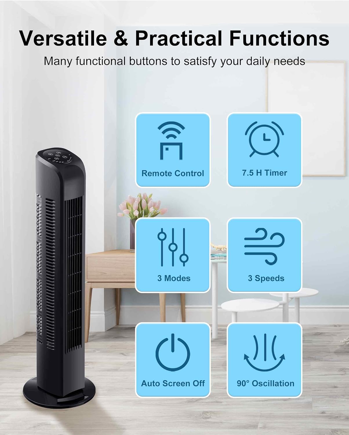 Oscillating Tower Fan with Remote, Electric Standing Floor Fan for Bedroom Indoor Office and Home Use,Quiet Cooling Portable Bladeless Tower Fans, 30 inchs, Black