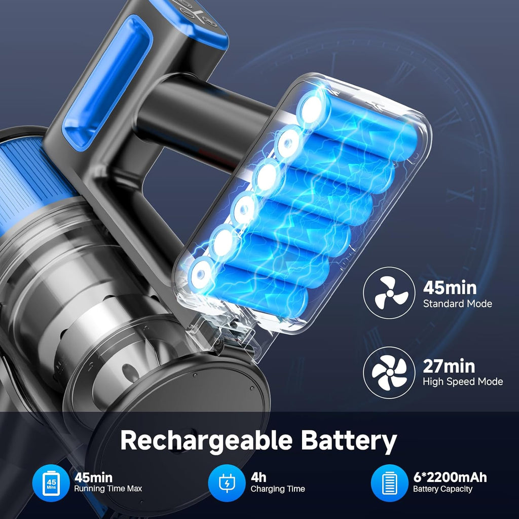 Cordless Vacuum Cleaner for Home - Lightweight, Stick Vacuum Clean with Rechargeable Battery, Max 45Mins Runtime, 8 in 1 Handheld Vacuum for Hardfloor & Carpets Pet Hair, Blue&Black