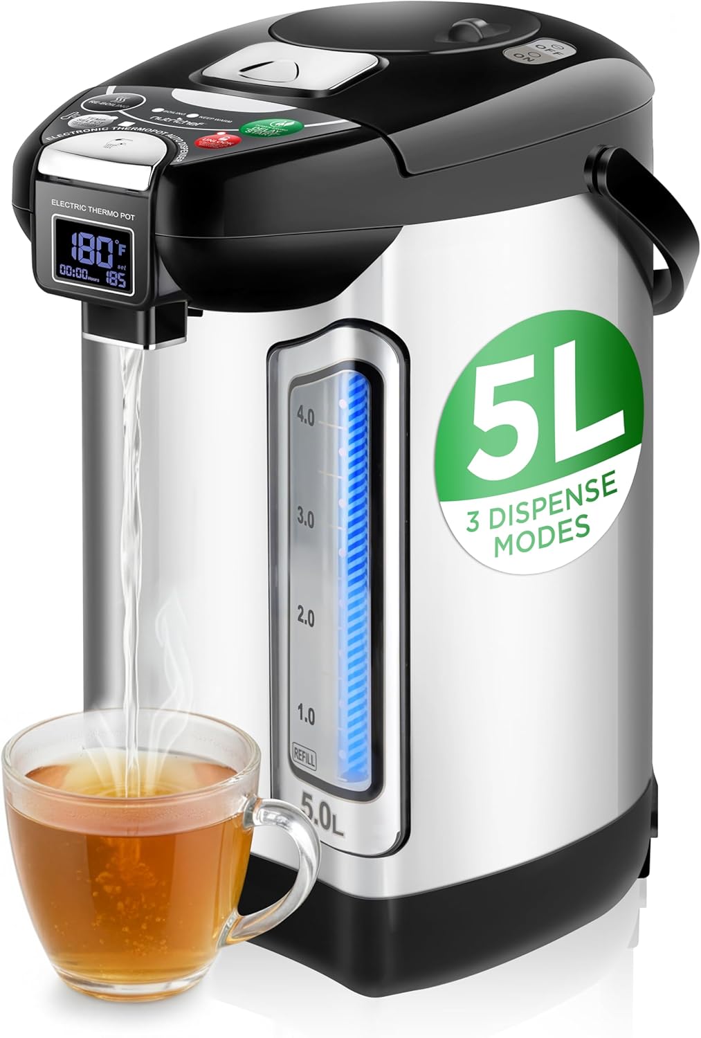 Digital Water Boiler and Warmer - 5L/5.28 Qt Stainless Electric Hot Water Dispenser w/LCD Display, Rotating Base, Keep Warm, Auto Shut Off, Safety Lock, Instant Heating for Coffee & Tea
