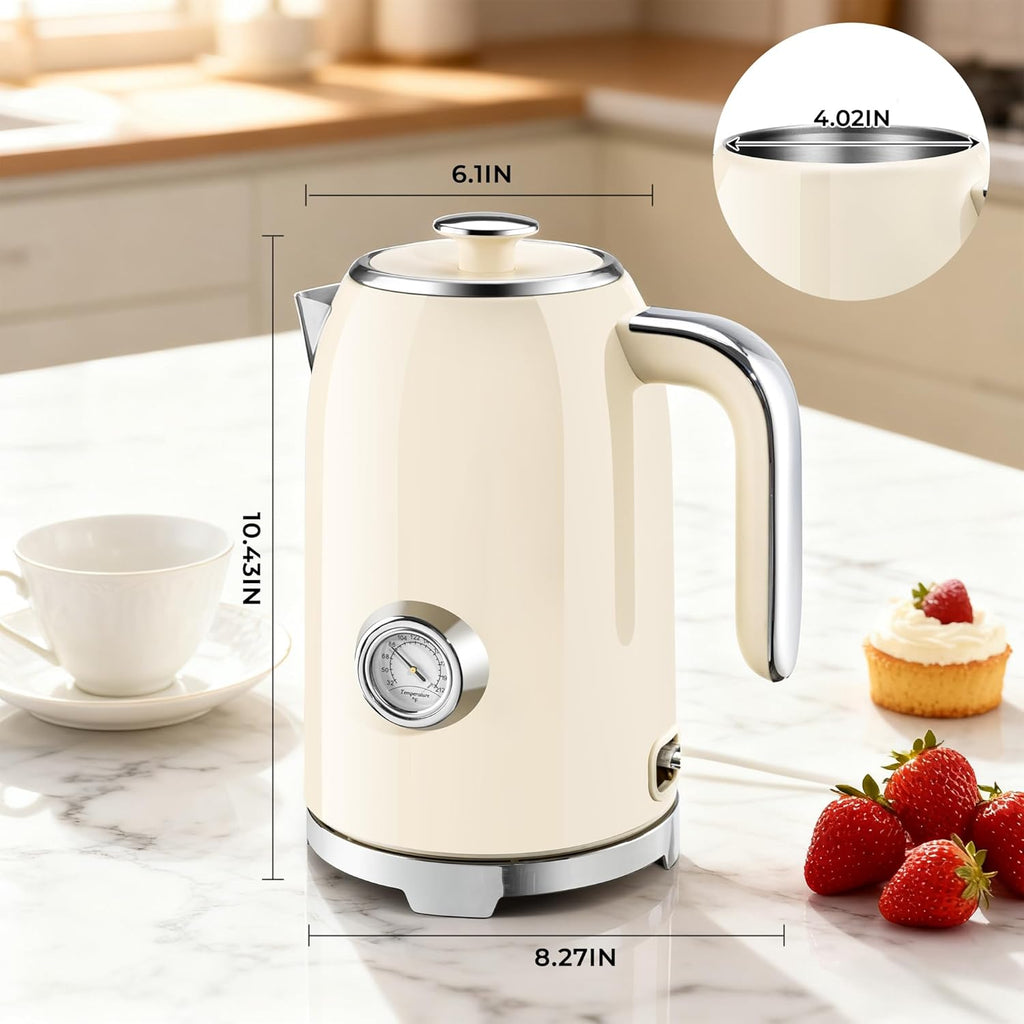 Electric Kettle - 57oz Hot Tea Kettle Water Boiler with Thermometer, 1500W Fast Heating Stainless Steel Tea Pot, Cordless with LED Indicator, Auto Shut-Off & Boil Dry Protection, Beige