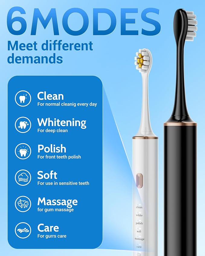Pack Electric Toothbrush for Adults and Kids, Travel Toothbrush Includes 12 Replacement Toothbrush Heads, 6 Modes with 2 MIN Smart Timer (Black White)