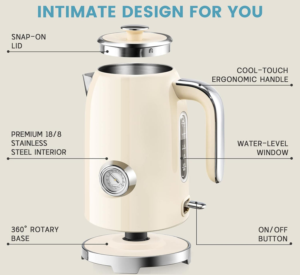 Electric Kettle - 57oz Hot Tea Kettle Water Boiler with Thermometer, 1500W Fast Heating Stainless Steel Tea Pot, Cordless with LED Indicator, Auto Shut-Off & Boil Dry Protection, Beige