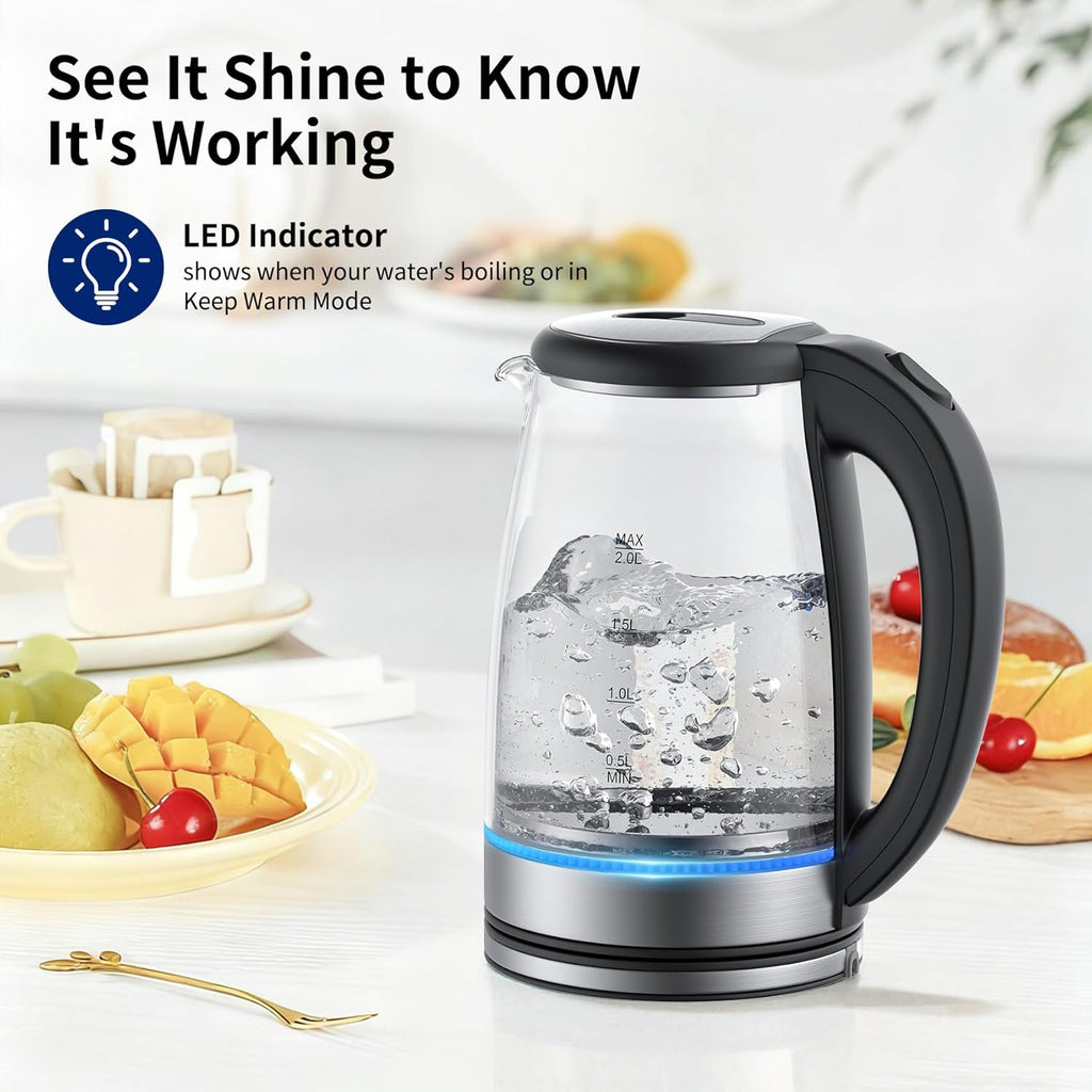 Glass 2L, 1500W Fast Boiling Hot Water Boiler with Auto Shut-Off, LED Light, BPA-Free, Borosilicate Glass, Stainless Steel Interior, Wide Opening, Display Refrigerator with Door