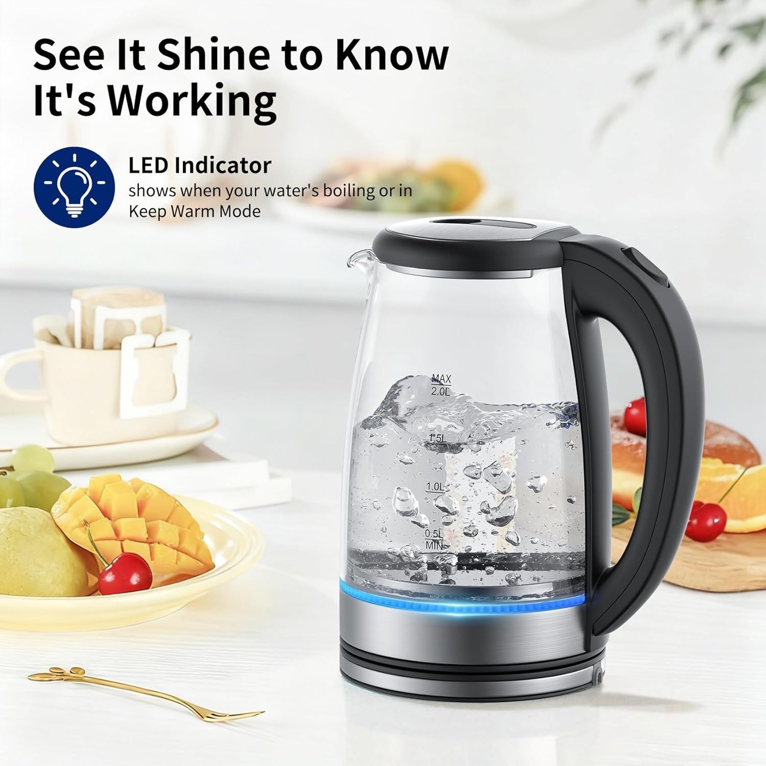 Glass 2L, 1500W Fast Boiling Hot Water Boiler with Auto Shut-Off, LED Light, BPA-Free, Borosilicate Glass, Stainless Steel Interior, Wide Opening, Display Refrigerator with Door