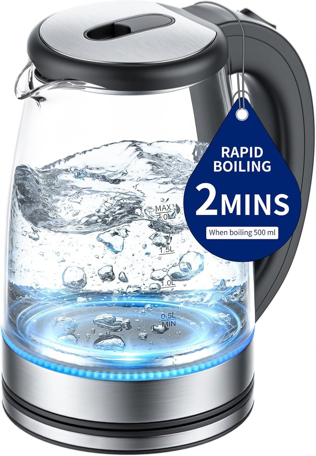 Glass 2L, 1500W Fast Boiling Hot Water Boiler with Auto Shut-Off, LED Light, BPA-Free, Borosilicate Glass, Stainless Steel Interior, Wide Opening, Display Refrigerator with Door