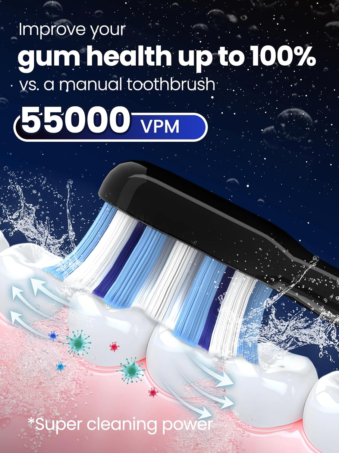 Electric Toothbrush for Adults, 180 Days Battery Life Rechargeable Sonic Toothbrush with 4 Brush Heads Smart Timer, 55000VPM for Deep Cleaning & Whitening with 5 Modes, Travel Case, Black