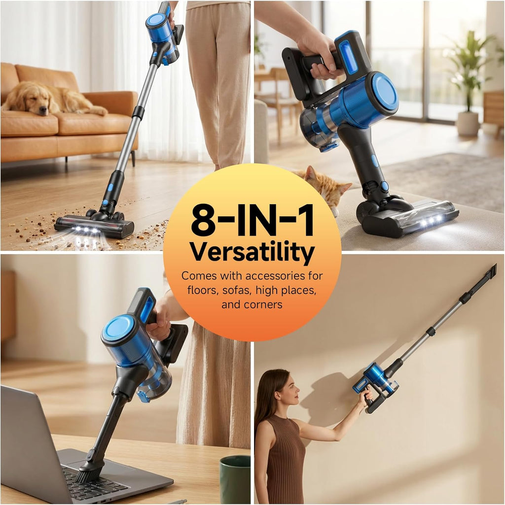 Cordless Vacuum Cleaner for Home - Lightweight, Stick Vacuum Clean with Rechargeable Battery, Max 45Mins Runtime, 8 in 1 Handheld Vacuum for Hardfloor & Carpets Pet Hair, Blue&Black