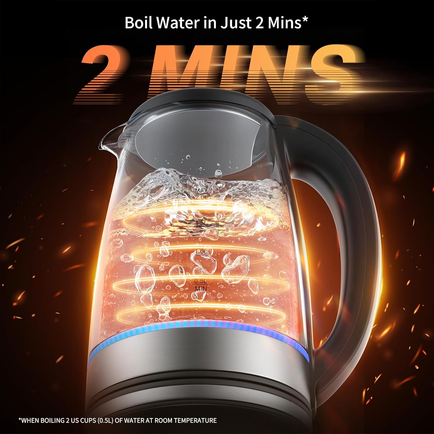 Glass 2L, 1500W Fast Boiling Hot Water Boiler with Auto Shut-Off, LED Light, BPA-Free, Borosilicate Glass, Stainless Steel Interior, Wide Opening, Display Refrigerator with Door