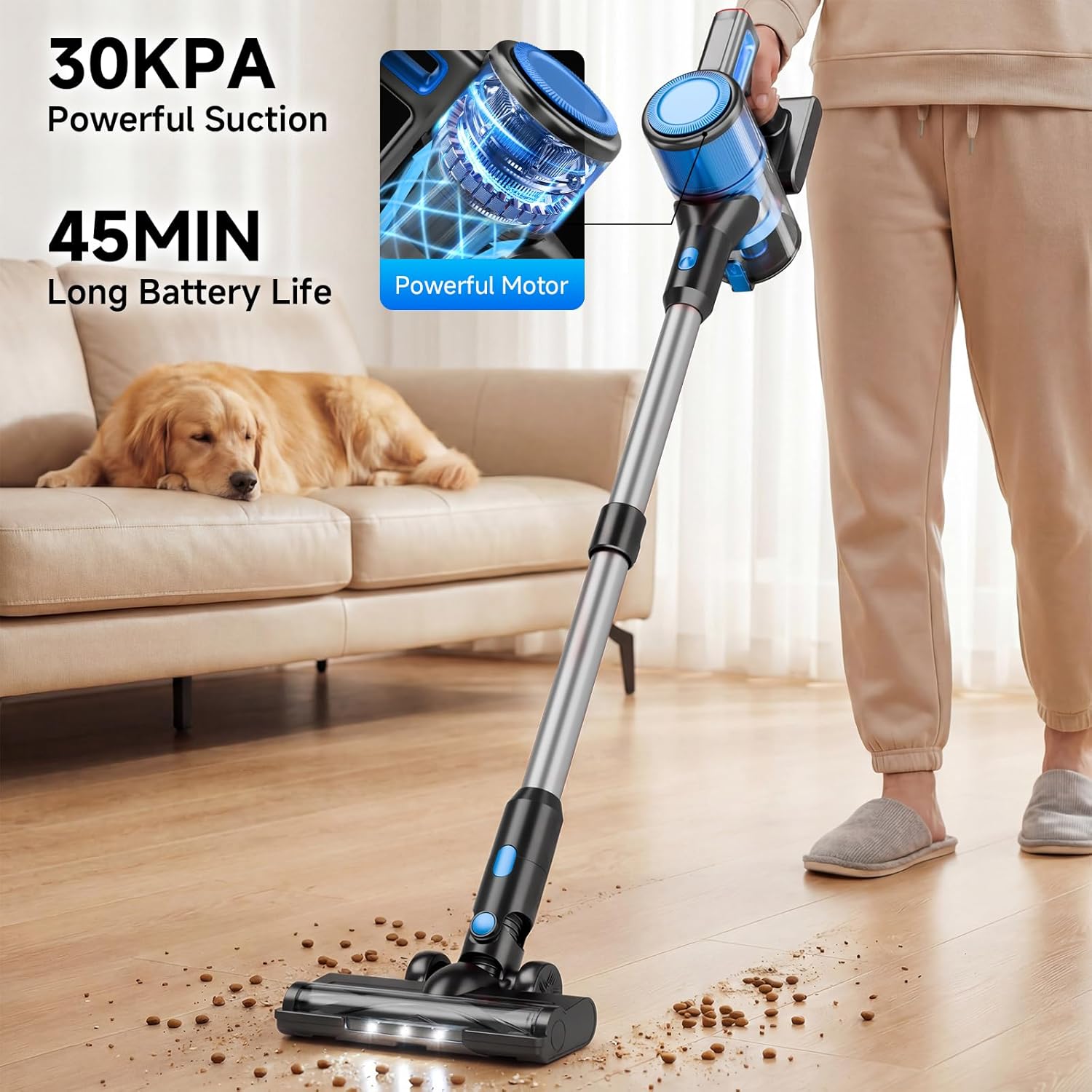 Cordless Vacuum Cleaner for Home - Lightweight, Stick Vacuum Clean with Rechargeable Battery, Max 45Mins Runtime, 8 in 1 Handheld Vacuum for Hardfloor & Carpets Pet Hair, Blue&Black