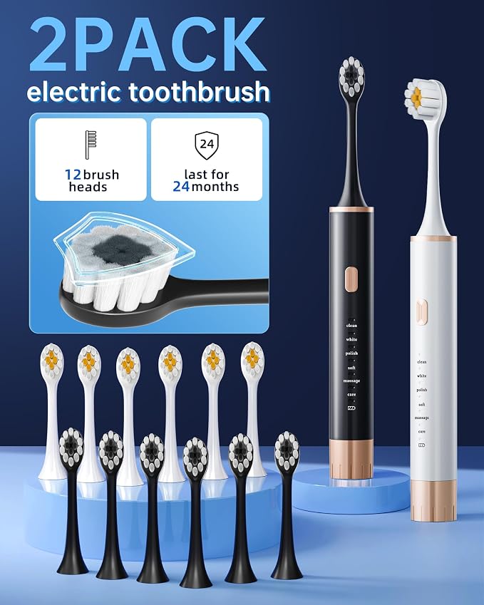 Pack Electric Toothbrush for Adults and Kids, Travel Toothbrush Includes 12 Replacement Toothbrush Heads, 6 Modes with 2 MIN Smart Timer (Black White)