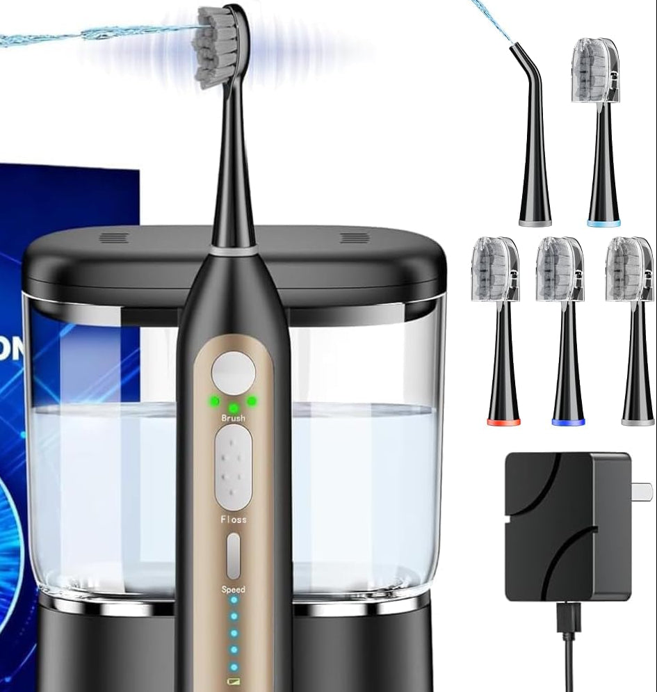 Electric Toothbrush with Water Flosser, Upgraded Flossing Toothbrush Combo for Adults, 5 Speeds & 3 Modes, 30 Days/Charge for Teeth Cleaning and Plaque Removal, Sensitive Teeth & Dental Implants-500ML