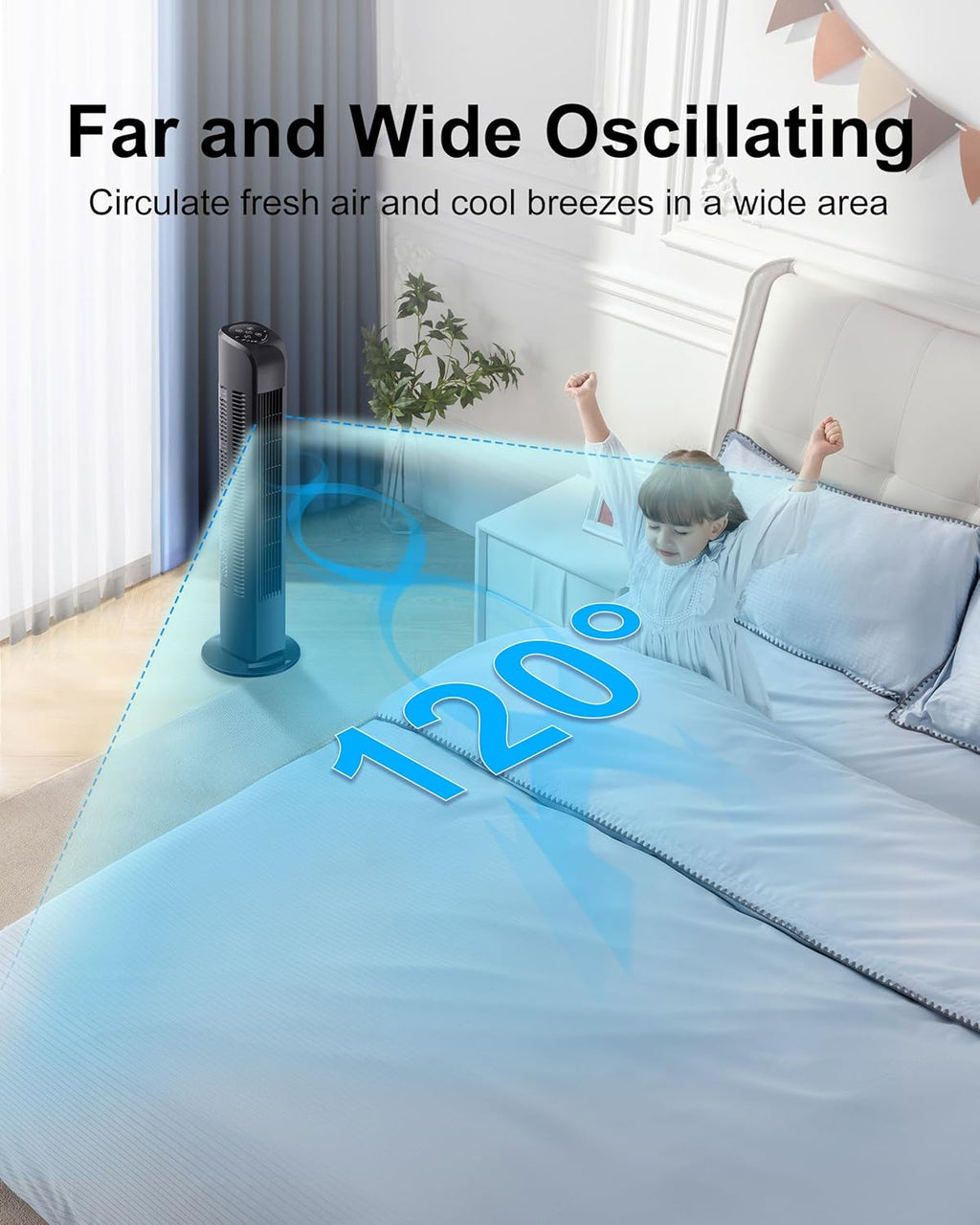 Oscillating Tower Fan with Remote, Electric Standing Floor Fan for Bedroom Indoor Office and Home Use,Quiet Cooling Portable Bladeless Tower Fans, 30 inchs, Black