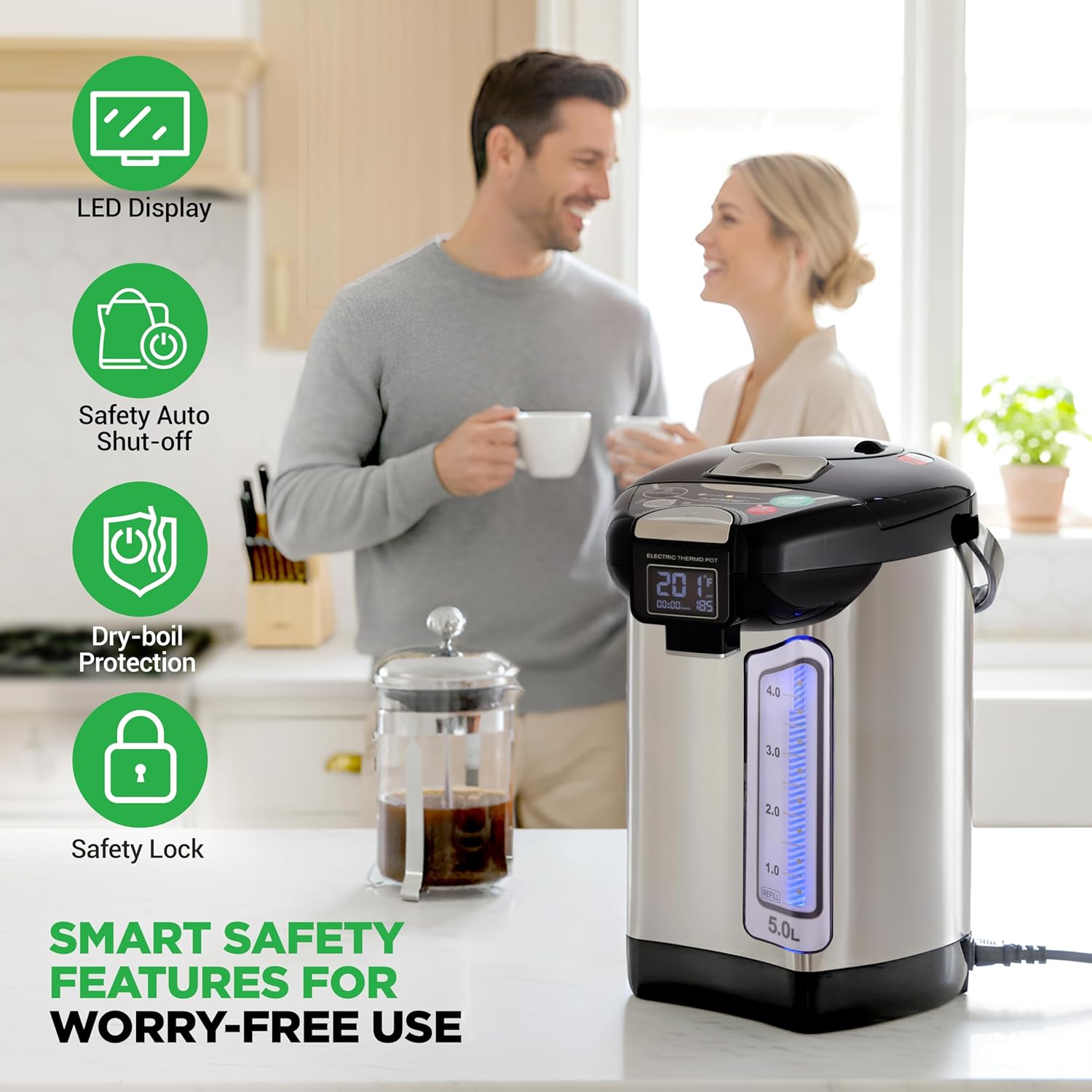 Digital Water Boiler and Warmer - 5L/5.28 Qt Stainless Electric Hot Water Dispenser w/LCD Display, Rotating Base, Keep Warm, Auto Shut Off, Safety Lock, Instant Heating for Coffee & Tea