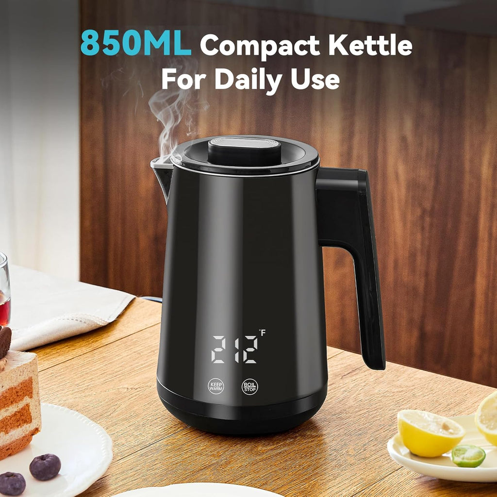 850ml Small Electric Kettle Temperature Control,800W Double Wall Electric Tea Kettle of 304 Stainless Steel,5 Temp Presets,Hot Water Kettle Electric,Auto Shut Off for Tea and Coffee-Black