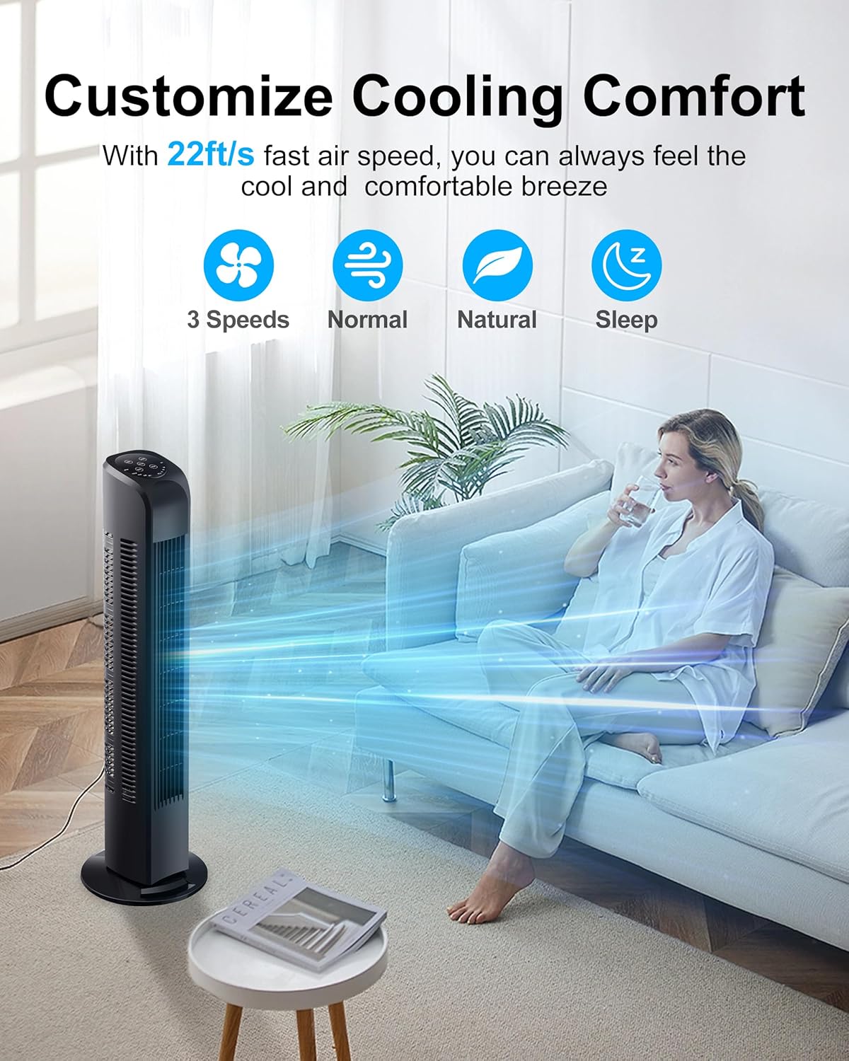 Oscillating Tower Fan with Remote, Electric Standing Floor Fan for Bedroom Indoor Office and Home Use,Quiet Cooling Portable Bladeless Tower Fans, 30 inchs, Black