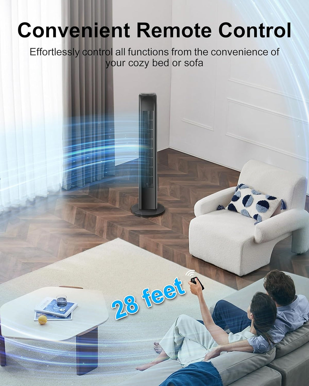 Oscillating Tower Fan with Remote, Electric Standing Floor Fan for Bedroom Indoor Office and Home Use,Quiet Cooling Portable Bladeless Tower Fans, 30 inchs, Black