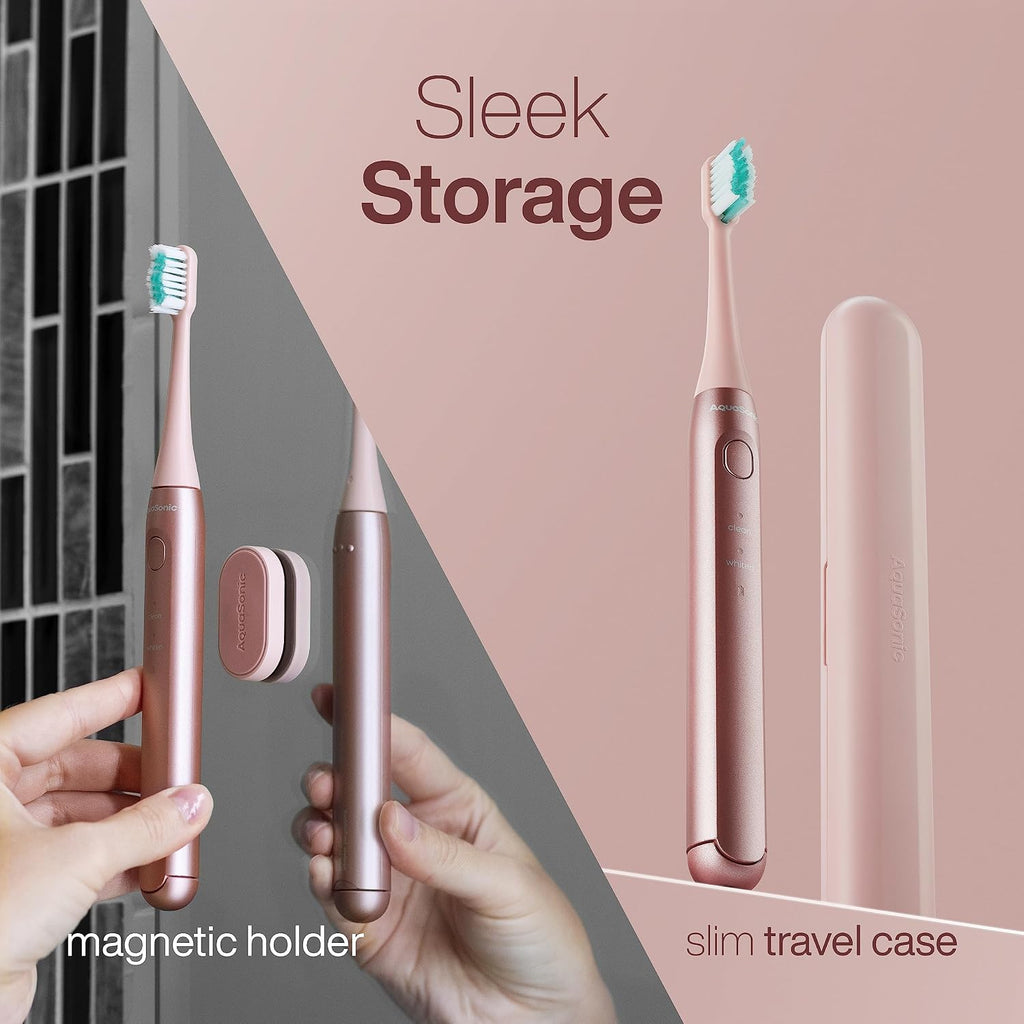 Accepted Rechargeable Toothbrush | Magnetic Holder & Slim Travel Case | 2 Brushing Modes & Smart Timers | Gentle Micro-Vibrations (Blush)
